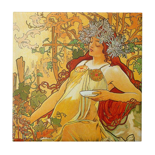Alphonse Mucha Art Nouveau Herbst Fliese (Vorderseite)