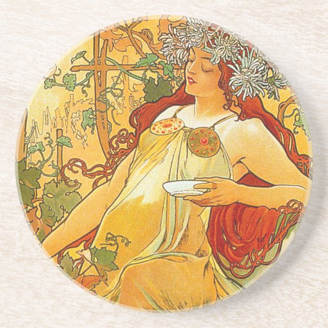 Alphonse Mucha Art Nouveau Herbst Getränkeuntersetzer (Vorne)