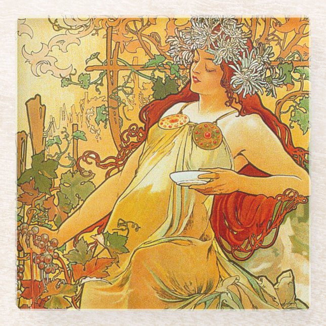 Alphonse Mucha Art Nouveau Herbst Glasuntersetzer (Vorderseite)