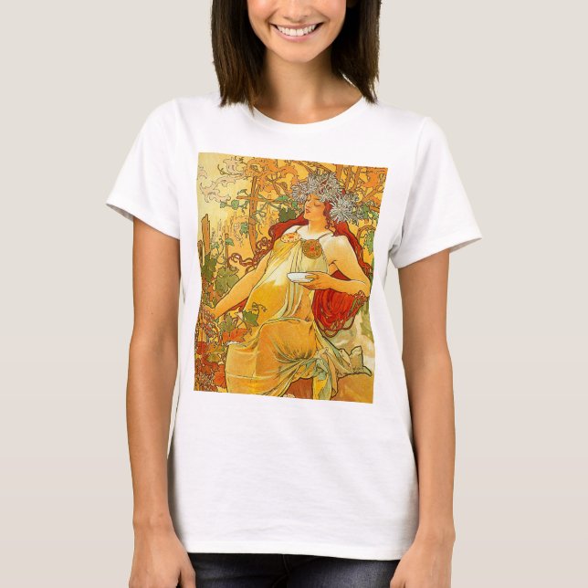 Alphonse Mucha Art Nouveau Herbst T-Shirt (Vorderseite)