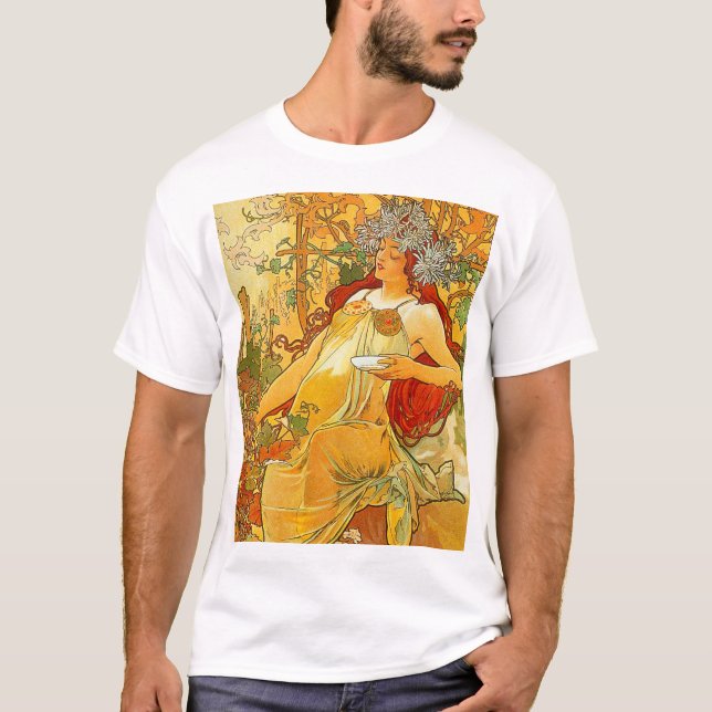 Alphonse Mucha Art Nouveau Herbst T-Shirt (Vorderseite)