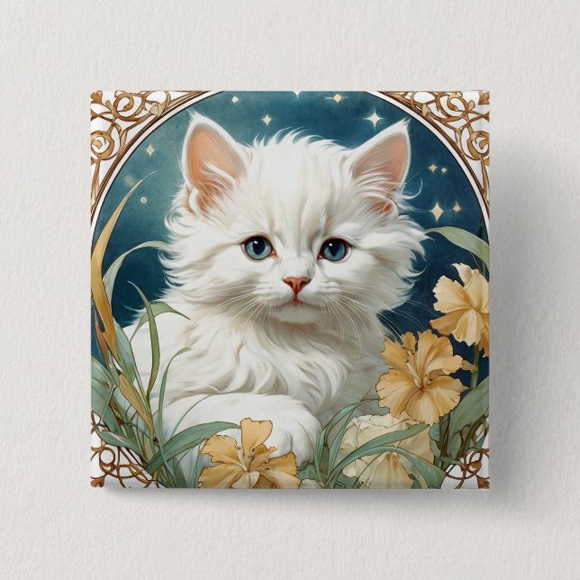 Alphonse Mucha Art Nouveau Kitten Button (Vorderseite)