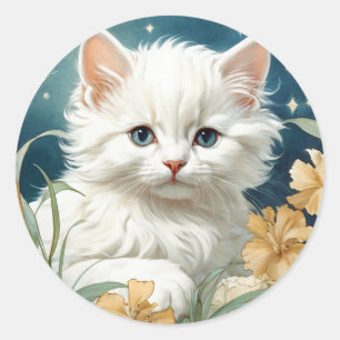 Alphonse Mucha Art Nouveau Kitten Runder Aufkleber