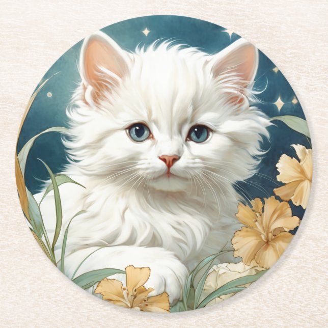 Alphonse Mucha Art Nouveau Kitten Runder Pappuntersetzer (Vorderseite)