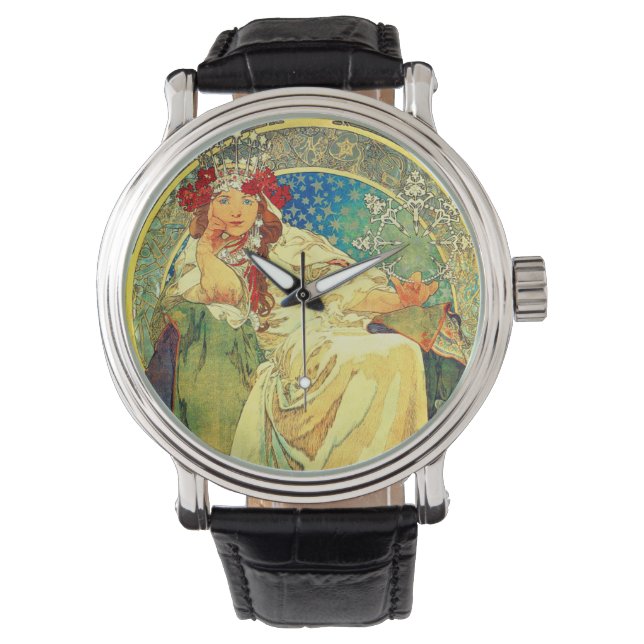 Alphonse Mucha Art Nouveau Princess Hyacinth Armbanduhr (Vorderseite)