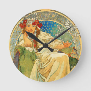 Alphonse Mucha Art Nouveau Princess Hyacinth Runde Wanduhr