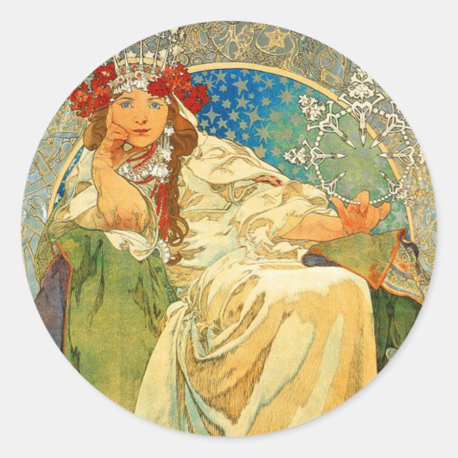 Alphonse Mucha Art Nouveau Princess Hyacinth Runder Aufkleber (Vorderseite)