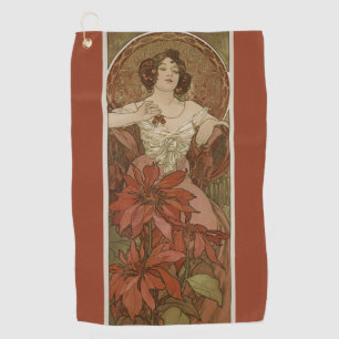 Alphonse Mucha Art Nouveau Rubin Vintage Floral Golfhandtuch
