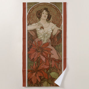 Alphonse Mucha Art Nouveau Rubin Vintage Floral Strandtuch