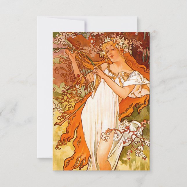 Alphonse Mucha Art Nouveau Spring RSVP Karte (Vorderseite)