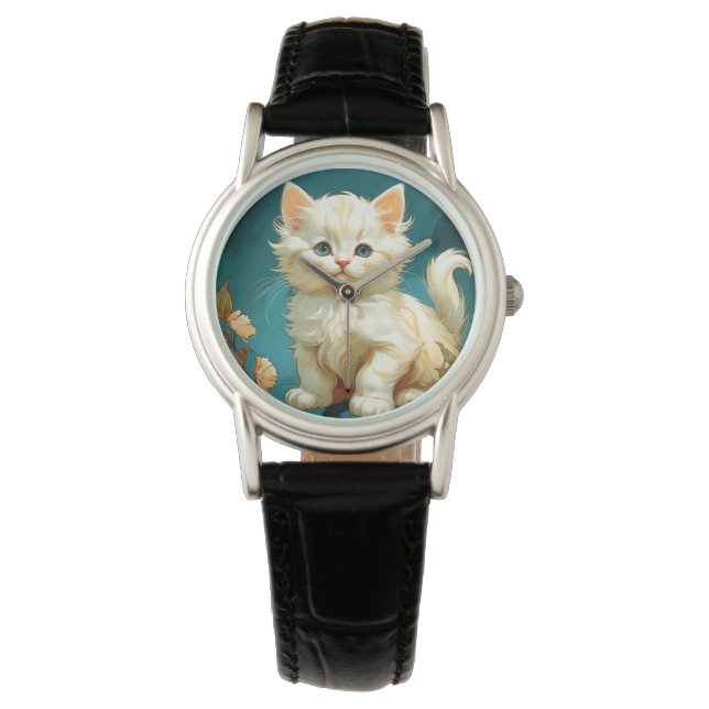 Alphonse Mucha Art Nouveau White Cat Armbanduhr (Vorderseite)