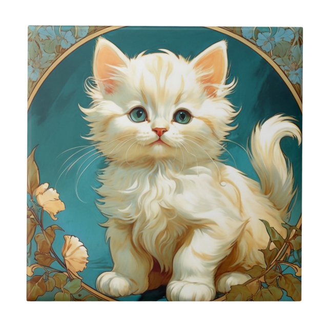 Alphonse Mucha Art Nouveau White Cat Fliese (Vorderseite)