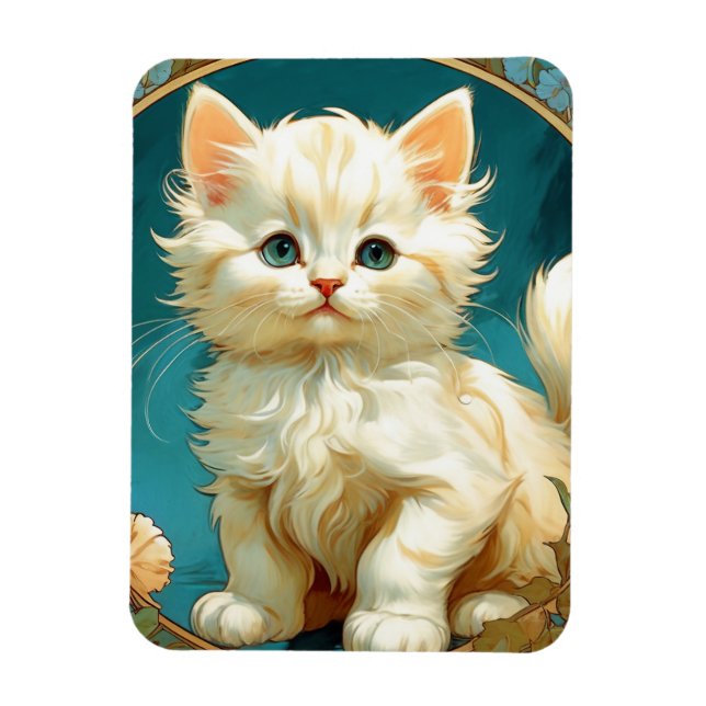 Alphonse Mucha Art Nouveau White Cat Magnet (Vertikal)