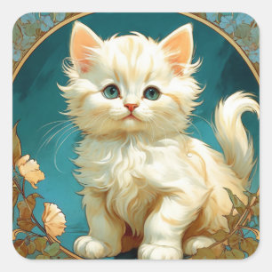 Alphonse Mucha Art Nouveau White Cat Quadratischer Aufkleber
