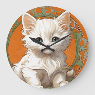 Alphonse Mucha Art Nouveau White Kitten Große Wanduhr