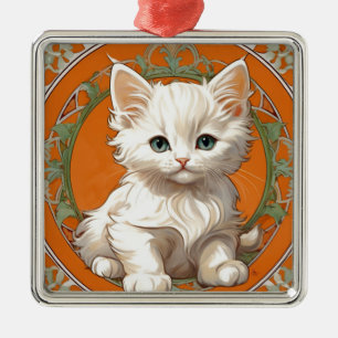 Alphonse Mucha Art Nouveau White Kitten Ornament Aus Metall