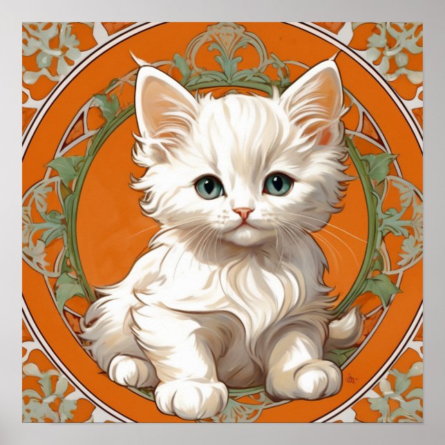 Alphonse Mucha Art Nouveau White Kitten Poster (Vorne)