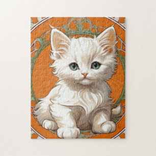 Alphonse Mucha Art Nouveau White Kitten Puzzle
