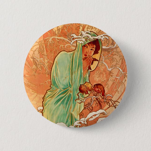 Alphonse Mucha Art Nouveau Winter Button (Vorderseite)