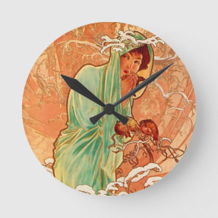 Alphonse Mucha Art Nouveau Winter Runde Wanduhr