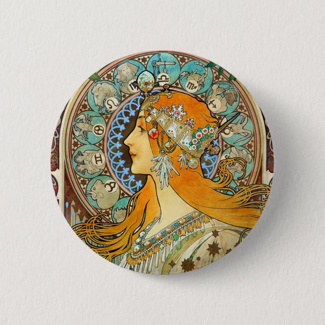 Alphonse Mucha Art Nouveau Zodiac Button (Vorderseite)