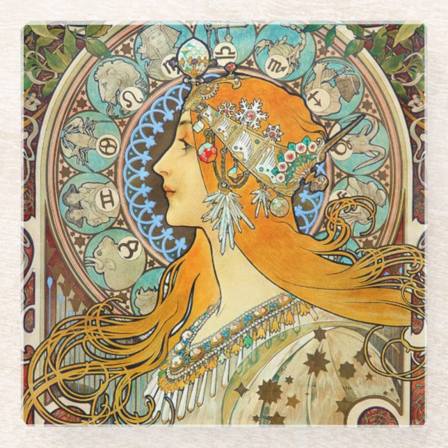 Alphonse Mucha Art Nouveau Zodiac Glasuntersetzer (Vorderseite)