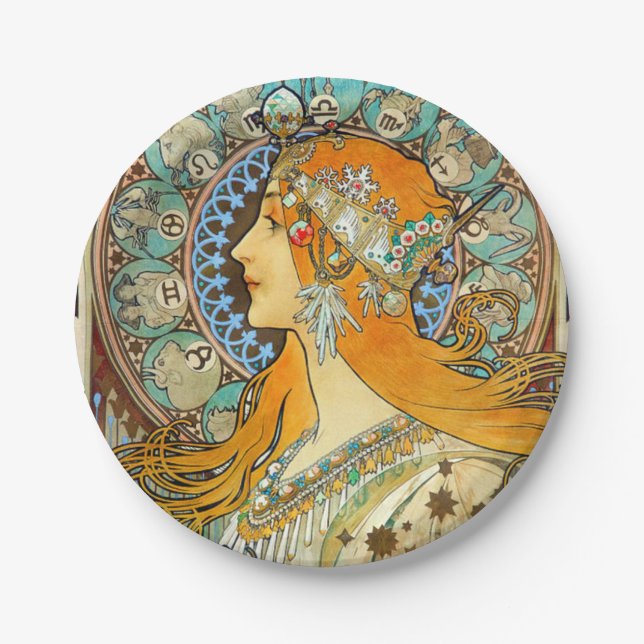Alphonse Mucha Art Nouveau Zodiac Pappteller (Vorderseite)