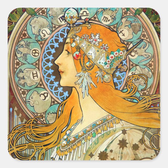Alphonse Mucha Art Nouveau Zodiac Quadratischer Aufkleber (Vorderseite)