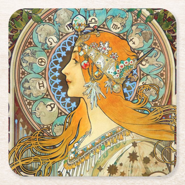 Alphonse Mucha Art Nouveau Zodiac Rechteckiger Pappuntersetzer (Vorderseite)