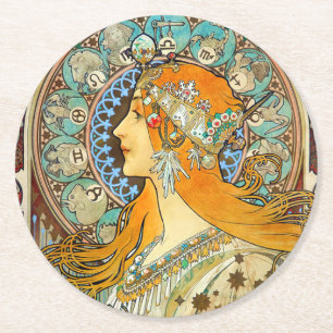 Alphonse Mucha Art Nouveau Zodiac Runder Pappuntersetzer