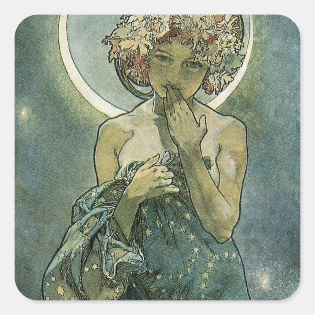 Alphonse Mucha Atemberaubende Jugendstil-Frau #18 Quadratischer Aufkleber (Vorderseite)