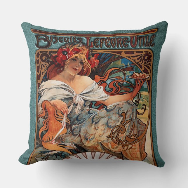 Alphonse Mucha Biscuits Lefevre-Utile gesprenkelt  Kissen (Vorderseite)