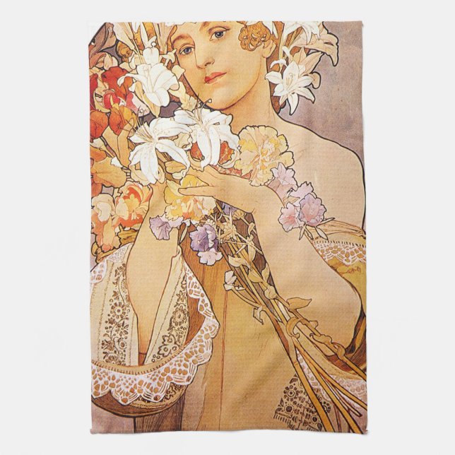 Alphonse Mucha Blume Geschirrtuch (Vertikal)