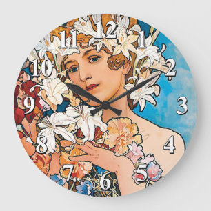 Alphonse Mucha - Blume - Retro Art Nouveau Große Wanduhr