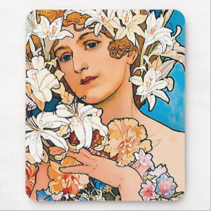 Alphonse Mucha - Blume - Retro Art Nouveau Mousepad