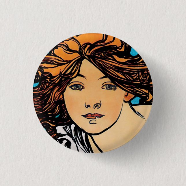 Alphonse Mucha - Cycles Perfecta Retro Art Nouveau Button (Vorderseite)