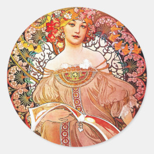 Alphonse Mucha Daydream Florale Vintage Art Nouvea Runder Aufkleber