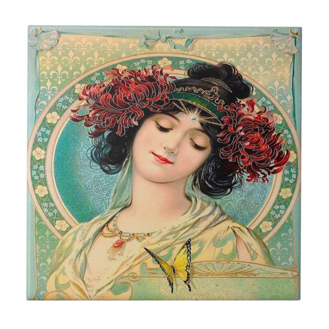 Alphonse Mucha Design Keramik Tile. Fliese (Vorderseite)