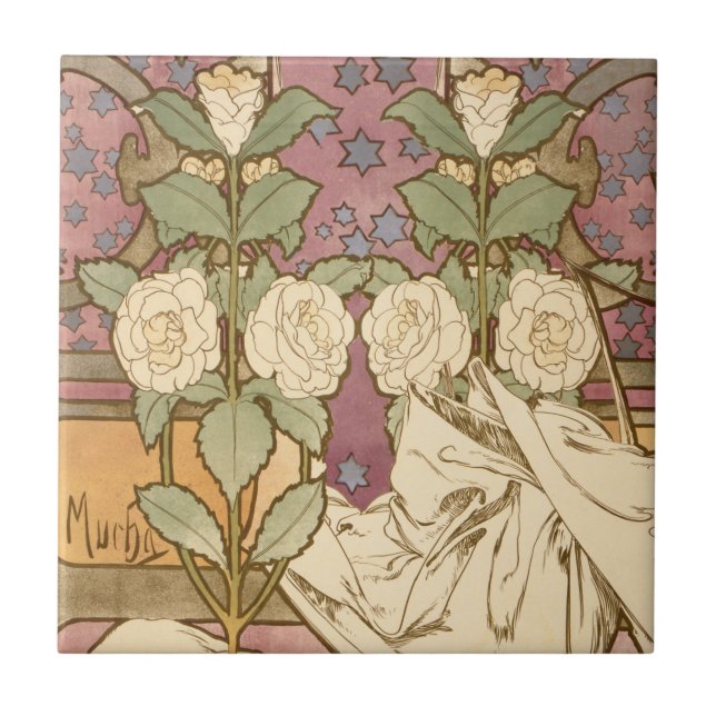 Alphonse Mucha Elegant Art Nouveau Stars Camellia  Fliese (Vorderseite)