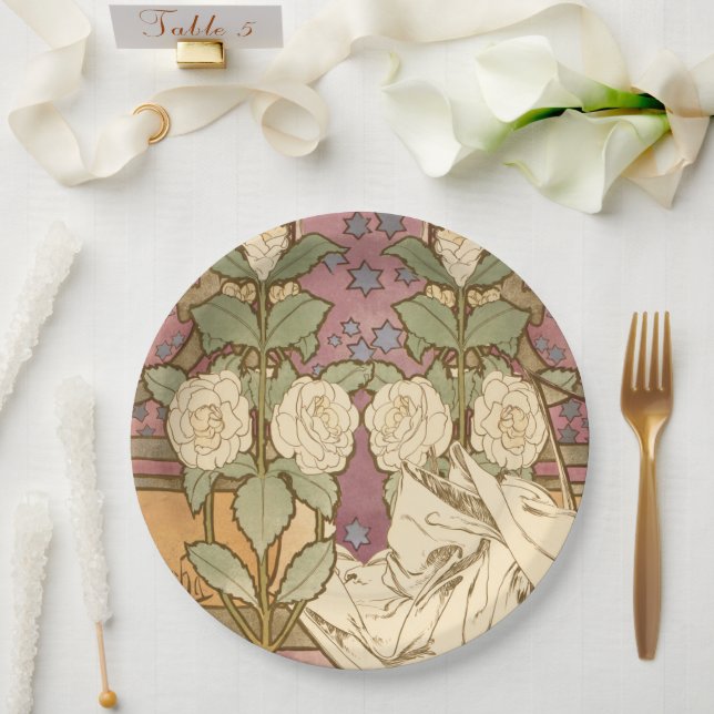 Alphonse Mucha Elegant Art Nouveau Stars Camellia  Pappteller (Hochzeit)