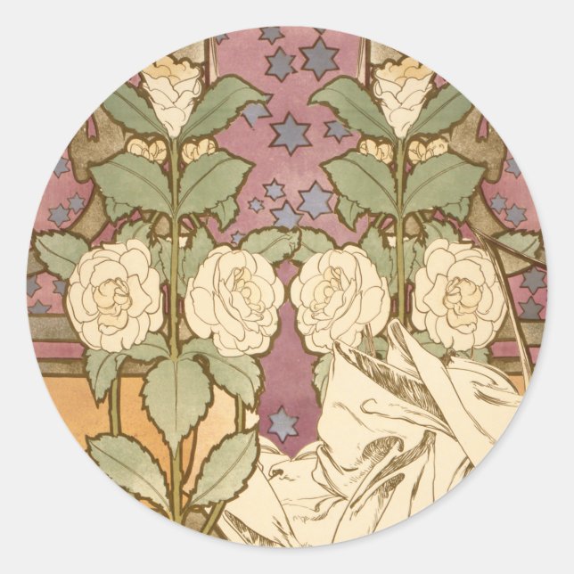 Alphonse Mucha Elegant Art Nouveau Stars Camellia  Runder Aufkleber (Vorderseite)