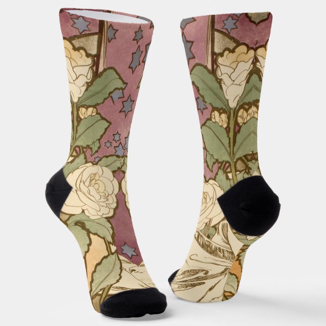 Alphonse Mucha Elegant Art Nouveau Stars Camellia  Socken (Gewinkelt)