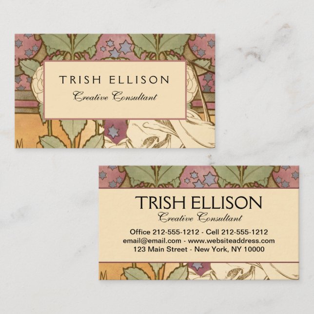 Alphonse Mucha Elegant Art Nouveau Stars Camellia  Visitenkarte (Vorne/Hinten)