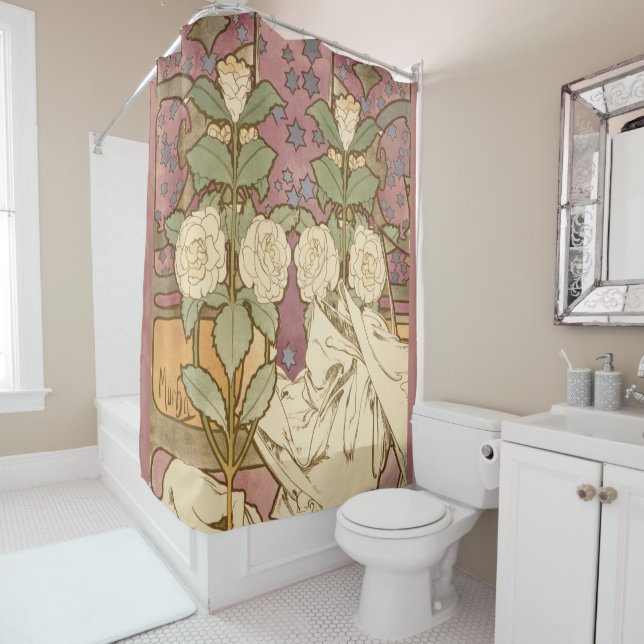 Alphonse Mucha Elegante Art Nouveau Sterne Kamelie Duschvorhang (Beispiel)