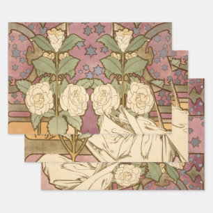 Alphonse Mucha Elegante Art Nouveau Sterne Kamelie Geschenkpapier Set