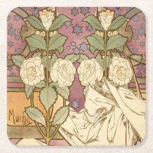 Alphonse Mucha Elegante Art Nouveau Sterne Kamelie Rechteckiger Pappuntersetzer