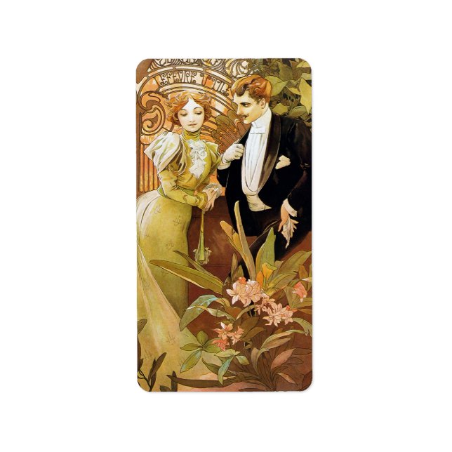 Alphonse Mucha Flirt Vintag Romantik Art Nouveau Adressaufkleber (Vorne)