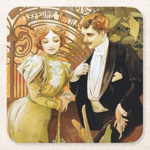 Alphonse Mucha Flirt Vintag Romantik Art Nouveau Rechteckiger Pappuntersetzer