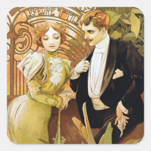 Alphonse Mucha Flirt Vintage Romantische Kunst Neu Quadratischer Aufkleber