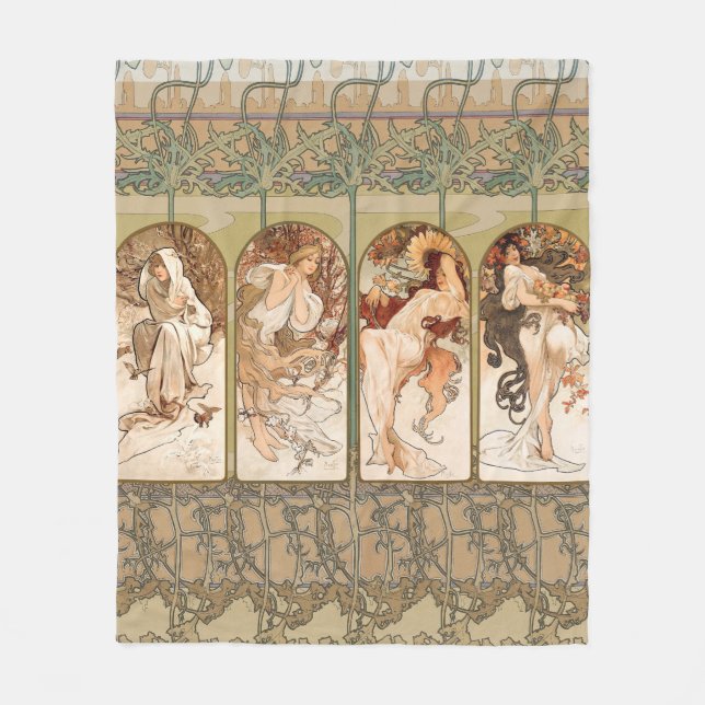 Alphonse Mucha Four Seasons 1897 Art Nouveau Panel Fleecedecke (Vorderseite)